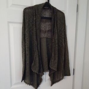Almost Famous Olive Draped Front Waterfall Cardigan With Lace Back Small